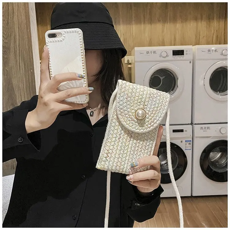 The 2024 New Pearl Contracted Mobile Phone Zero Wallet Cotton Thread Woven Contrast Color Stripe Small Bag