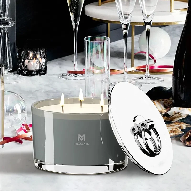 Mescente wholesale custom handmade luxury christmas scented glass candles vessel jar 3 wicks soy wax candles