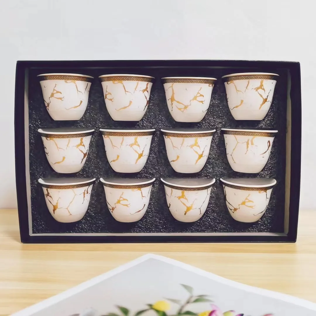 porcelain new bone 80cc black color glaze gold rim design 12 pcs porcelain Arabic Coffee Cups cawa cup set