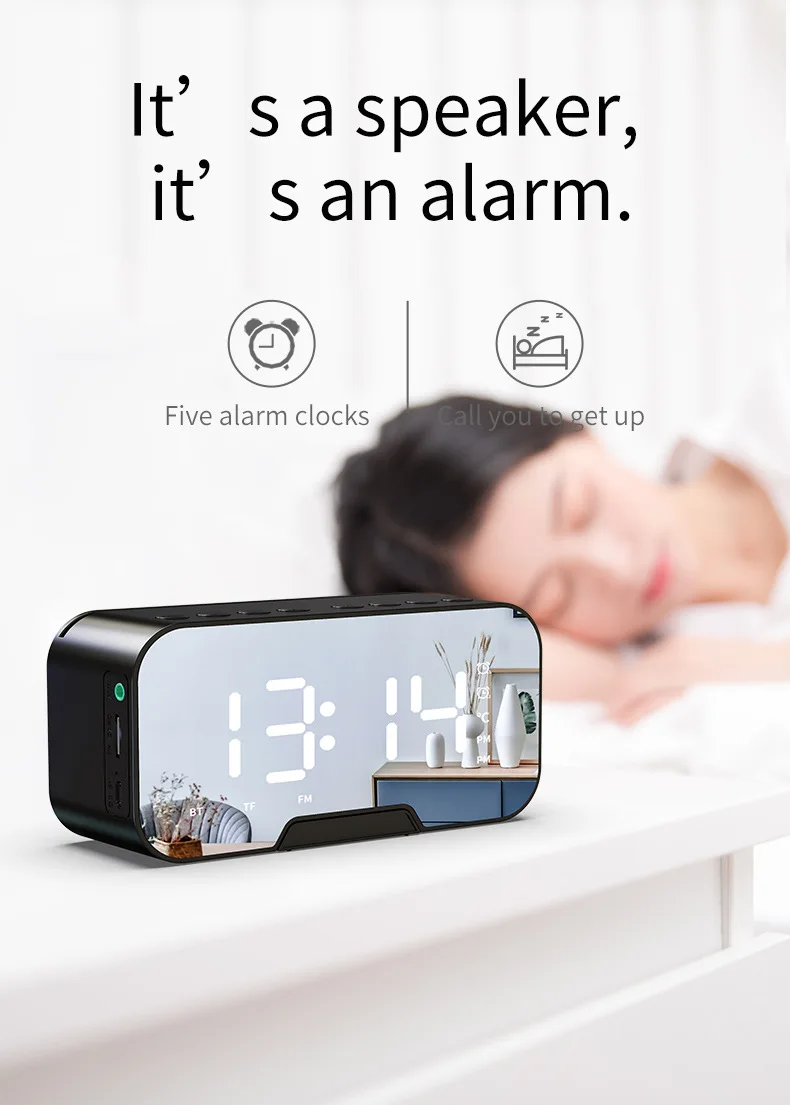 Wireless Mirror Speaker Super Bass Wireless Stereo Speakers Support TF Alarm Clock For Phone Computer