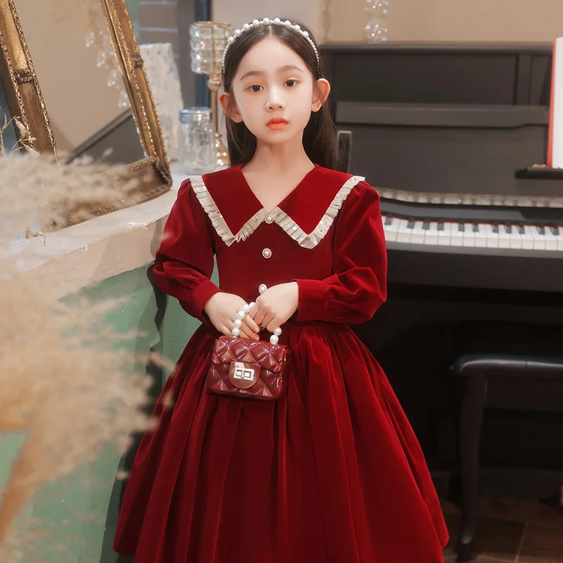 Spring Red Long Sleeve Flower Girl Wedding Dresses Kids Clothing Sets Princess Girls Party Ball Gown Pageant Dress