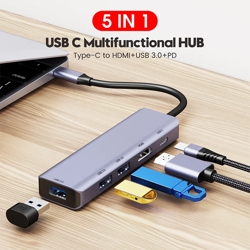 5 in 1 USB C Hub Laptop Docking Station with 4K HDMI 2 USB 3.0 Port 100W Power Delivery for MacBook Pro iPad Pro