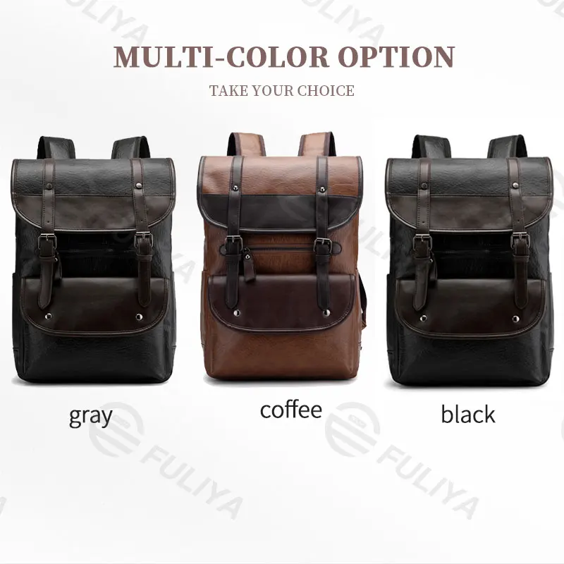 FULIYA Custom Logo Wholesale PU Leather Backpack 15.6 Inch Laptop Business Bag School Backpack Leisure Mens Backpack