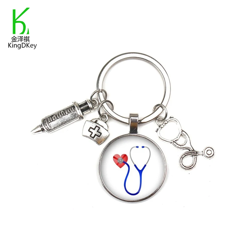 creative nurse medical keyring New fashion syringe stethoscope image keyholder glass cabochon and glass dome keychain