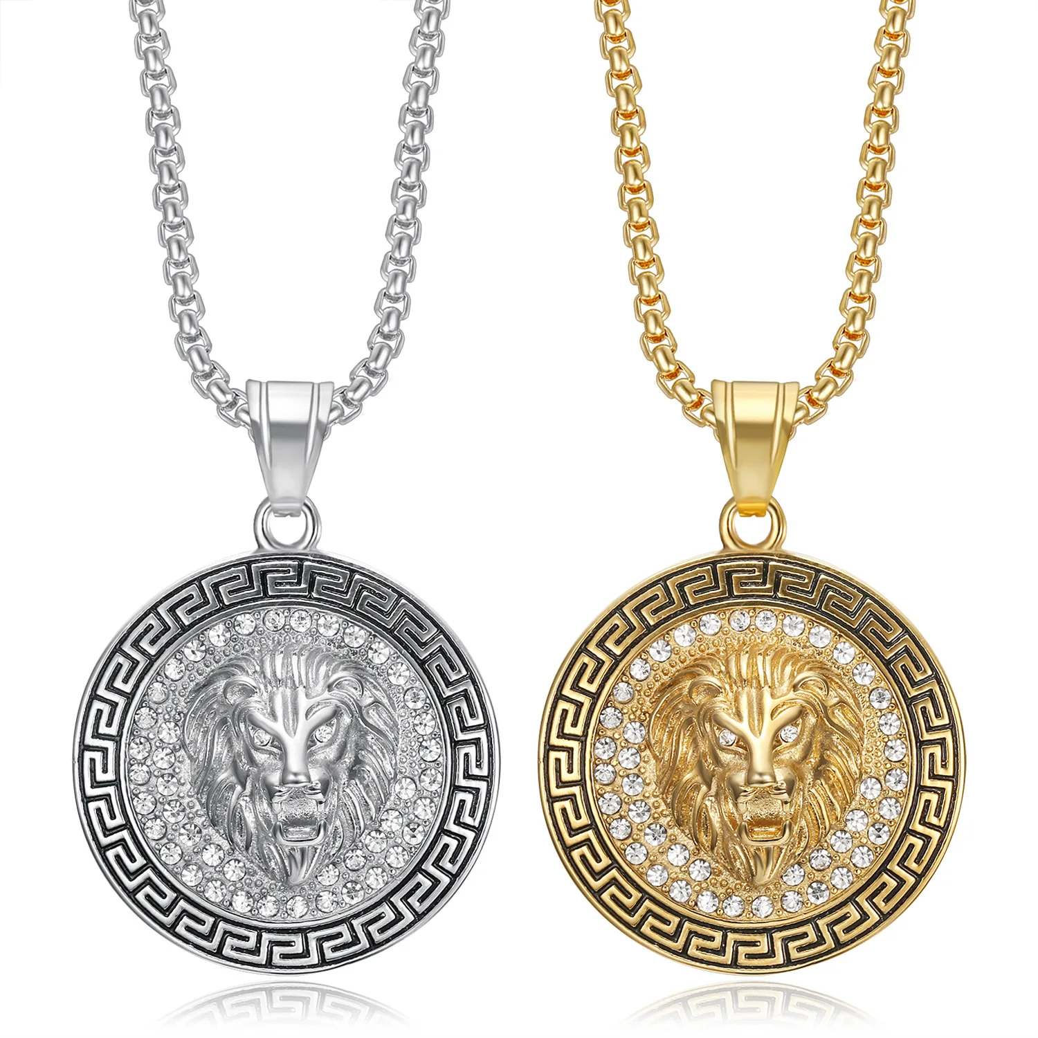 Hip Hop Exaggerate Round Enamel Inlaid Zircon Lion Pendant Stainless Steel 18K Gold Plated Necklace For Men
