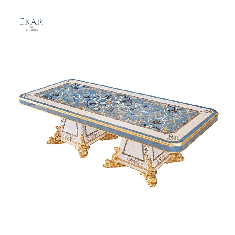 Luxury Classic European Style Antique Seashell Inlay Dining Table 12 seater Hand Carved Long Wooden Table Set