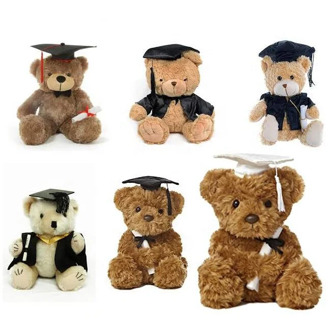 OEM design own stuffed plush toys graduation bear  Graduation Bear Stuffed Toy Animal Black Hats Shirt Holds Book