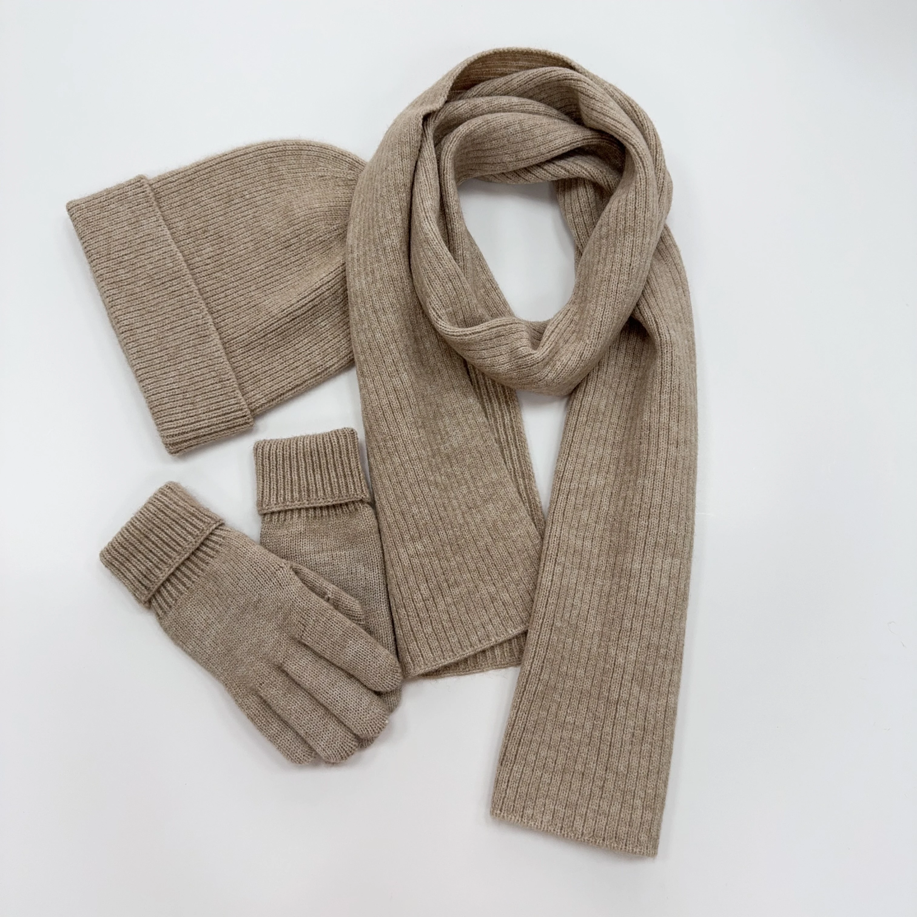 Unisex hot selling knitted flat needle ribbed scarf, hat, glove set, comfortable and versatile for various occasions