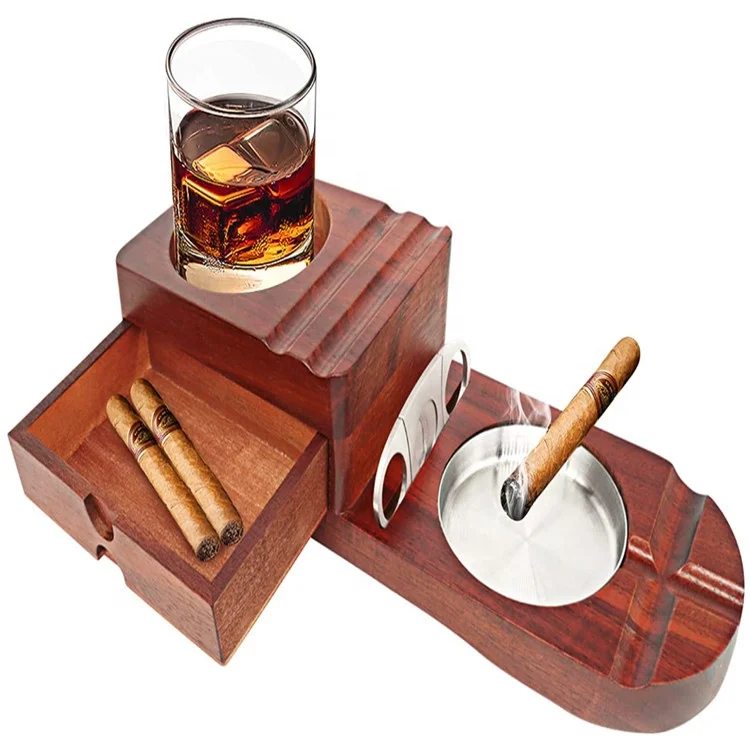 Factory Customize Wooden Ash Tray Wine Bottle With Cigar Cutter Windproof Whiskey with Lid 2-in-1 Ashtray