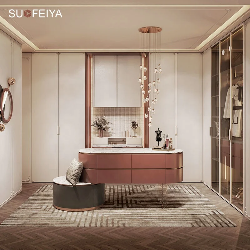 Custom modern elegant luxury walk in closet wardrobe glass doors design with accessories