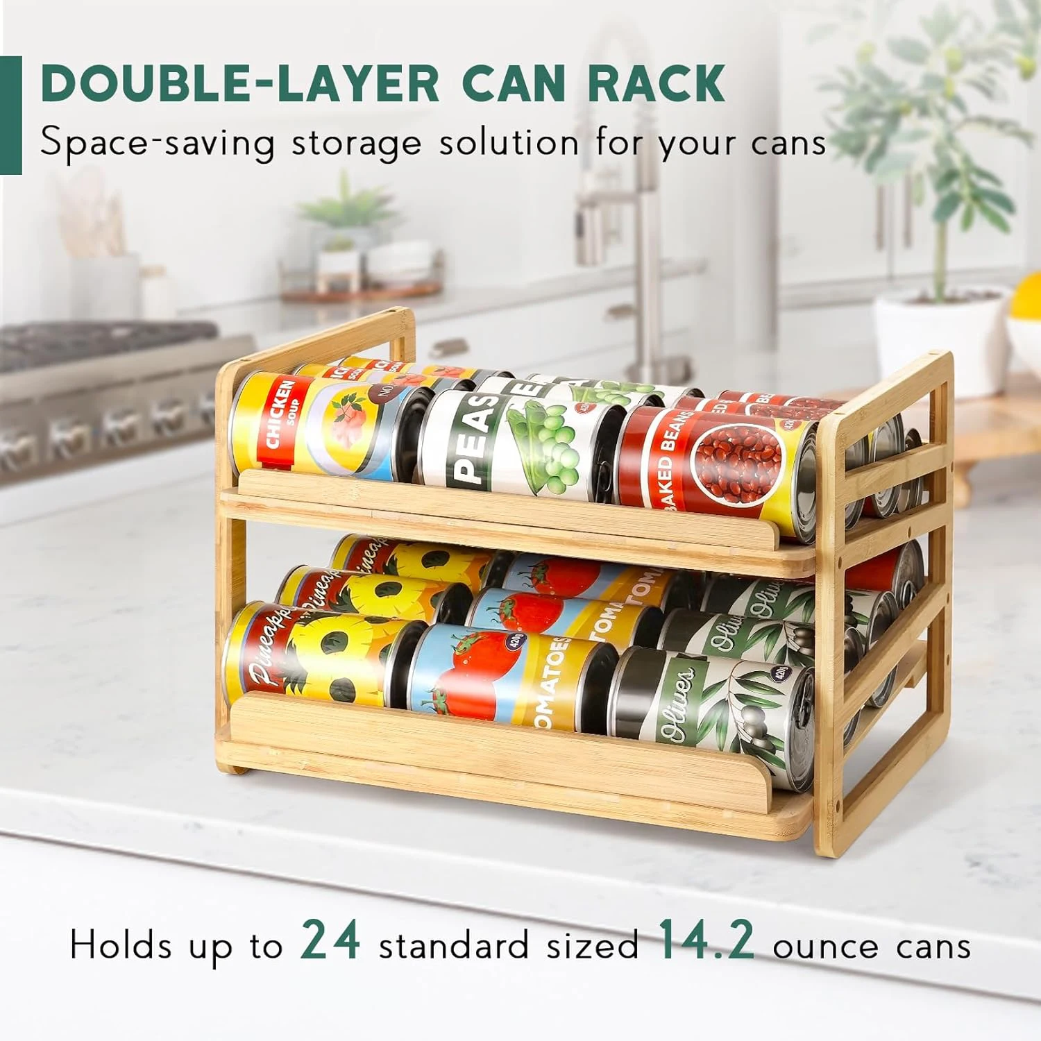 Rolling Bamboo Can Organizer Rack Stackable Double-Layer Can Organizers and Storage For Pantry, Canned Goods Holder Dispenser