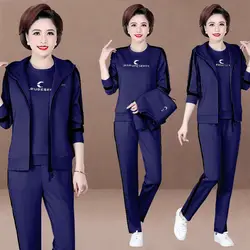 Spring and autumn middle-aged and elderly fashion hooded loose ladies sports vest	 3 piece suit women