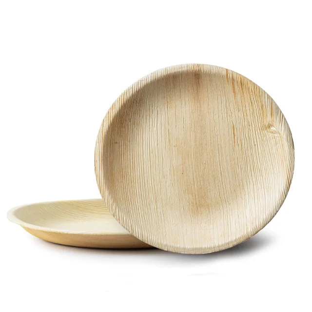 Biodegradable Areca palm leaf wooden bamboo plate, round palm leaf plates with cutlery