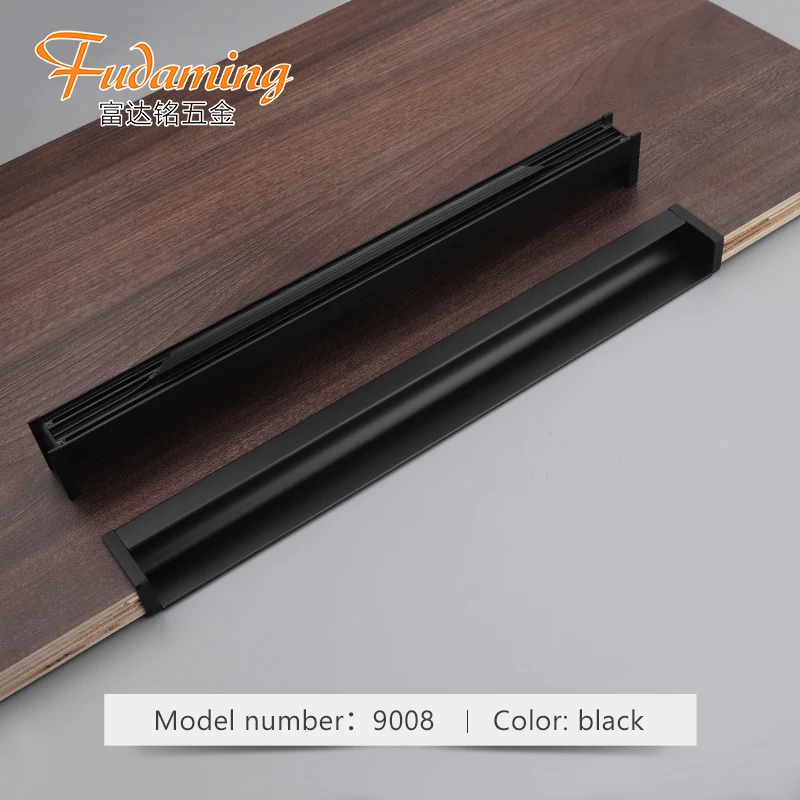 Черная невидимая Встраиваемая длинная ручка из алюминиевого сплава для шкафа ящика двери