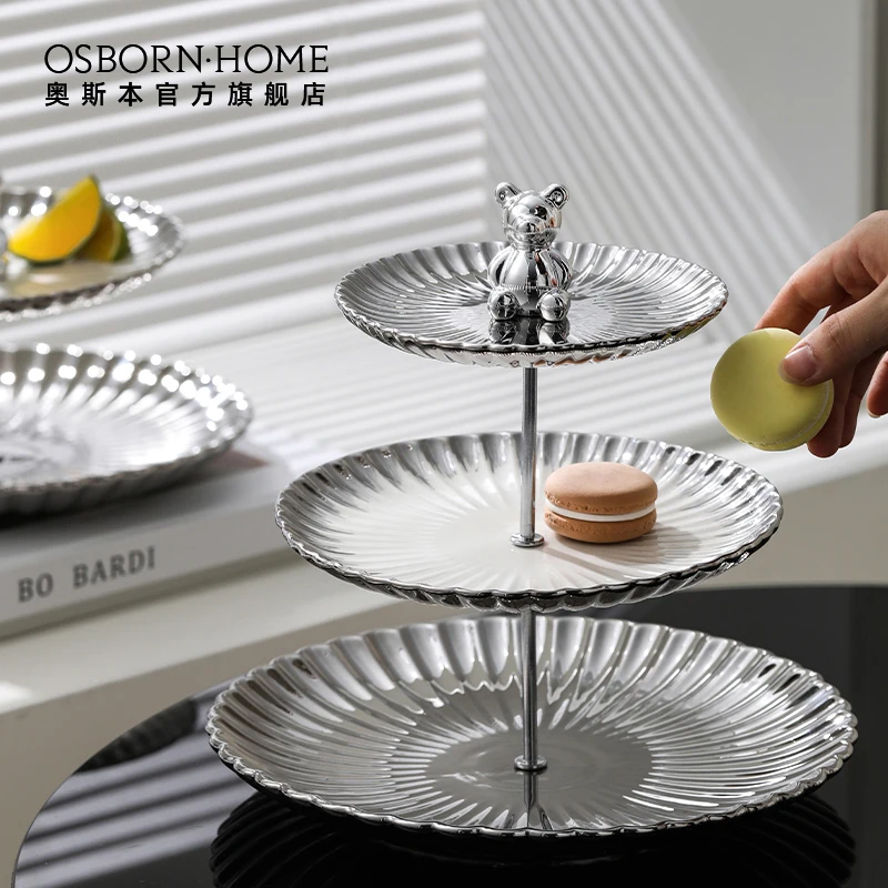 OSBORN Household Bear Ceramic Multi-layer Cake Fruit Dessert plate afternoon tea set with Metal Stand for Wedding Dessert Plate