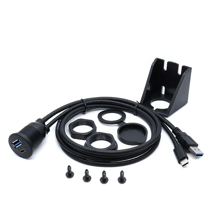 Flush Mount Dual USB Dock Adapter Dashboard Car Panel Dual USB 3.0 Port Male to Female USB Type C Panel Mount Charger Cables