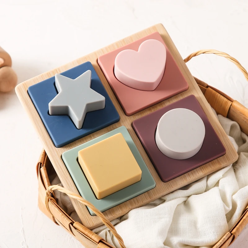 Chewable Silicone Bamboo Wood Shape Recognition Puzzle Toy