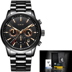 LIGE Brand 9866B Stainless Steel Material Watches  Quartz Wrist Watch men  high-end watches+gift box