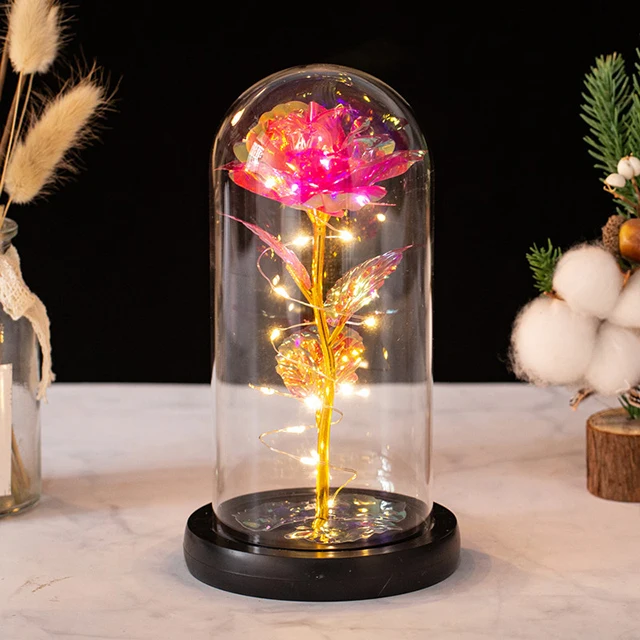 Ammy 24k Gold Rose Flower Romantic Rose Glass Dome Led Light Gift Box Suitable For All Kinds Of Festivals