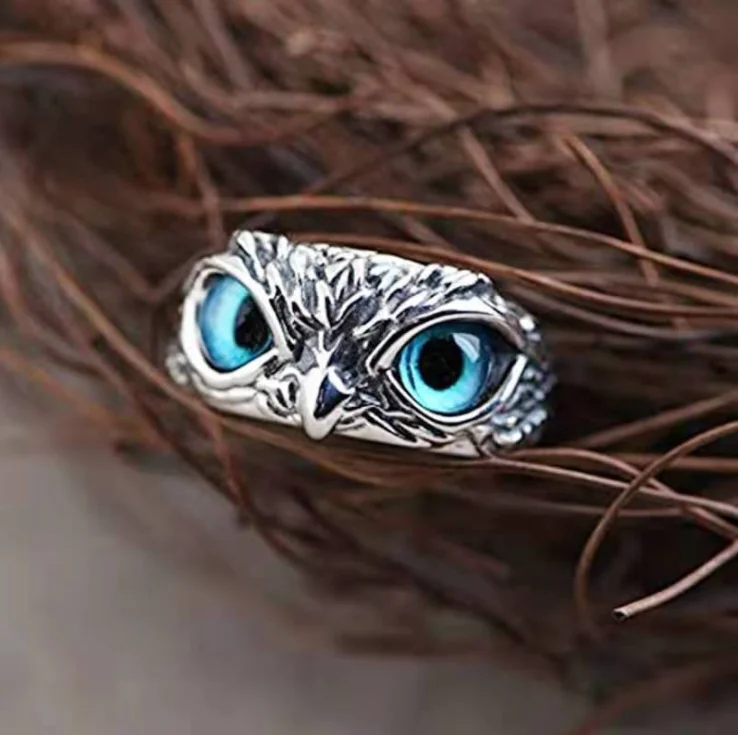 adjustable open crystal blue eyes owl ring vintage silver plated women jewelry