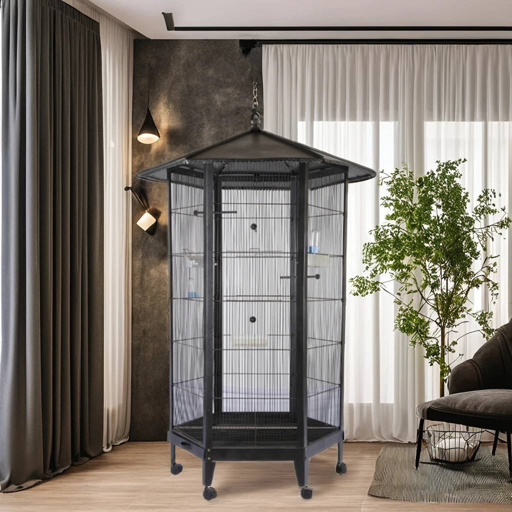 Customized Large Outdoor Wrought Iron Hexagon Bird Cage Pet House Parrot Canary Birds Aviary Outdoor For Flying Animals