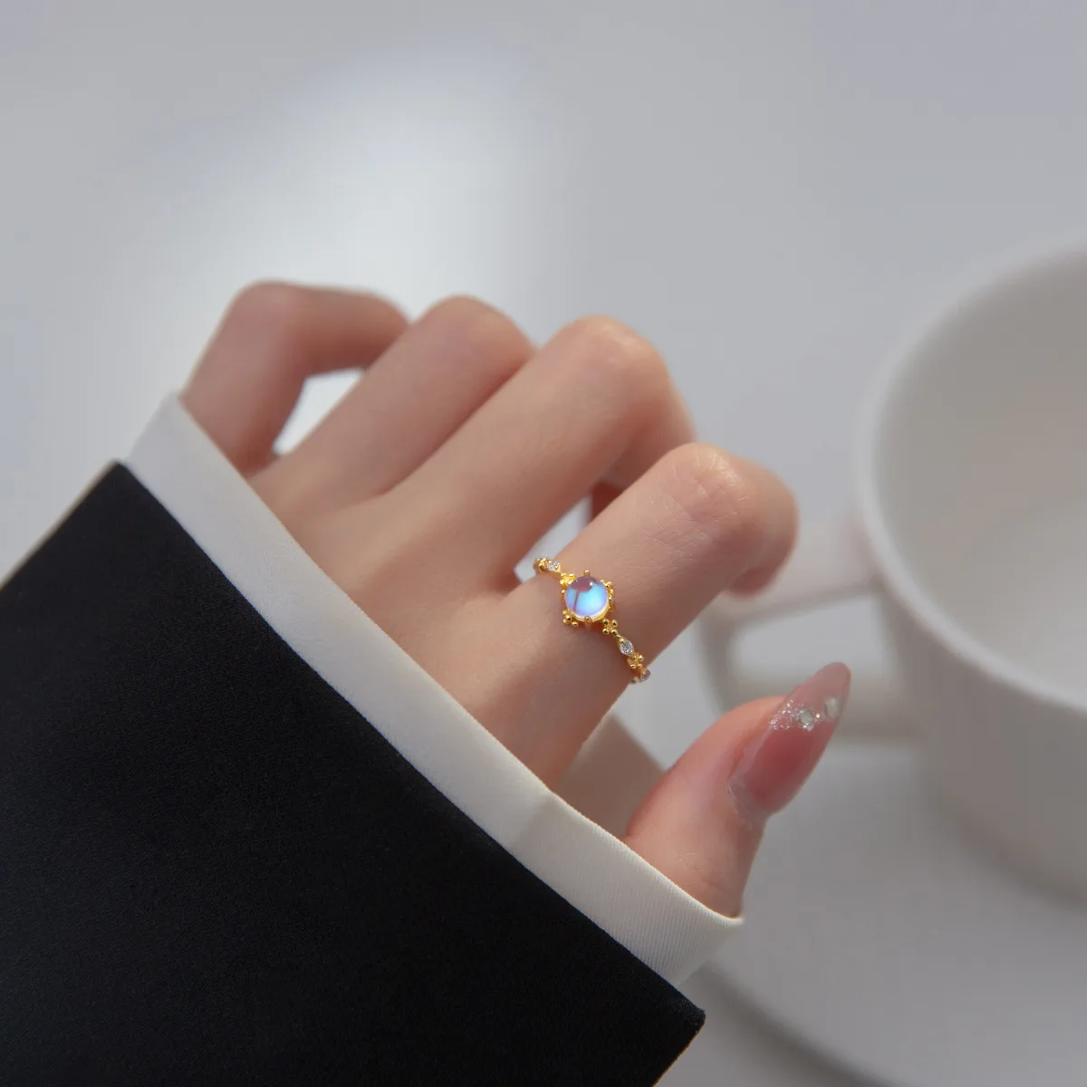 fashion niche design jewelry S925 sterling silver moonlight stone rings for women luxury gold plated adjustable ring ladies gift
