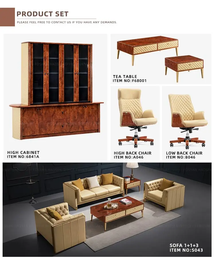 China HAOSEN office Good quality Business director Working executive office table curved desk and chairs manufacturer set