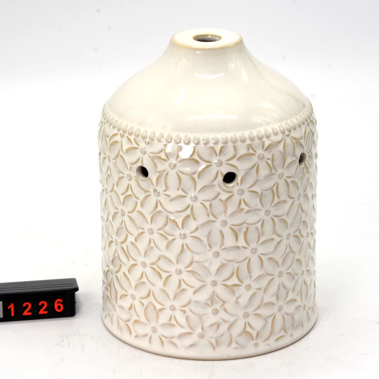 White Pillar Leaf  Pattern Hollow Out Ceramic Cover Glossy Electric Diffusers Essential Oils LED light Changing