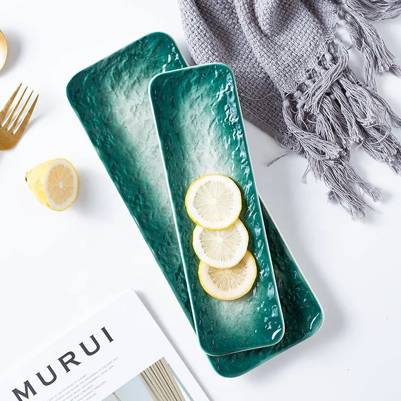 Luxury 10 inch Marble Rectangular Japanese ceramic Sushi Plate set Stone grain Restaurant Dinner Plates