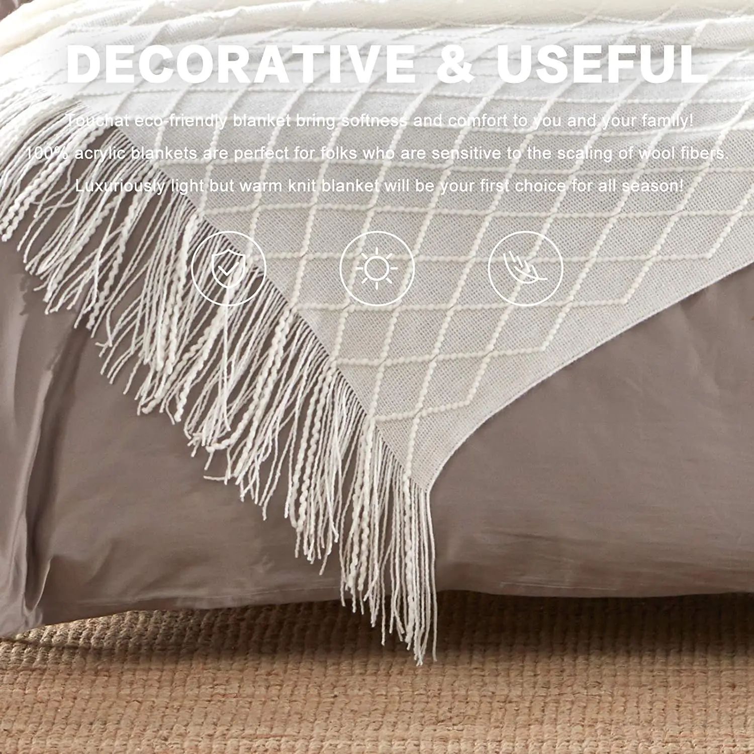 Modern customize 50 x 60 inches luxurious waffle cozy white woven knitted tufted throw blanket with tassels