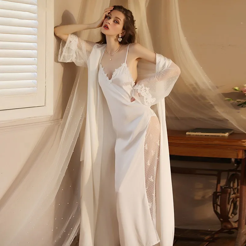 2022 New Autumn Winter Sexy Nightgown Plus Long Bathrobe Pajamas 2 Piece Set Sleepwear Women Long Sleeve Satin Pajamas