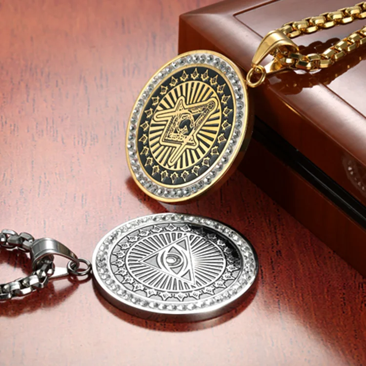 Custom Design Stainless Steel All Seeing Eyes Necklace FreeMason Horus Eye Pyramid Round Rhinestone Pendant