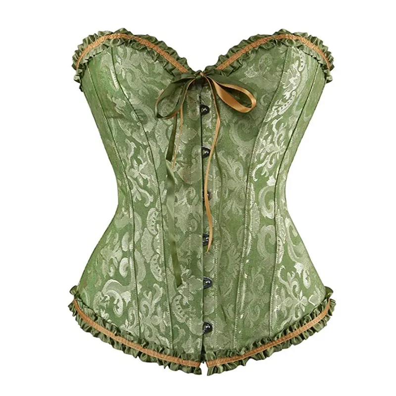 Olive Green Classic Style Satin Brocade Ruffle Frill Overbust Corset Body Shaper Plus Size Waist Trainer Shapewear for Women