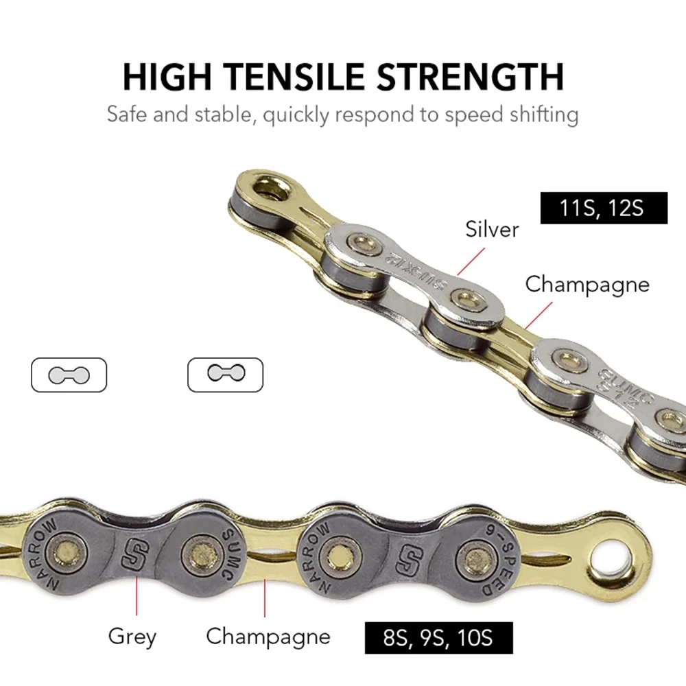 SUMC Bicycle Chain 8/9/10/11/12 Speed Silver Half Hollow Mountain Road Bike Chain Ultralight Bicycle Chain Components 116Links