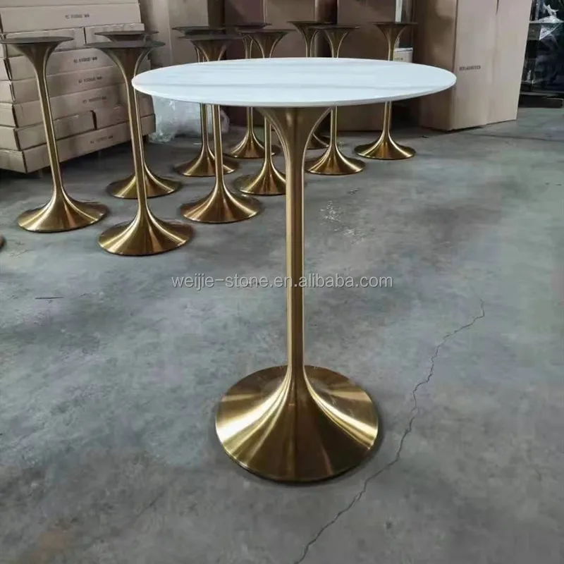 Mid Century Furniture Gold Leaf And White Marble Tulip Round Dining Table
