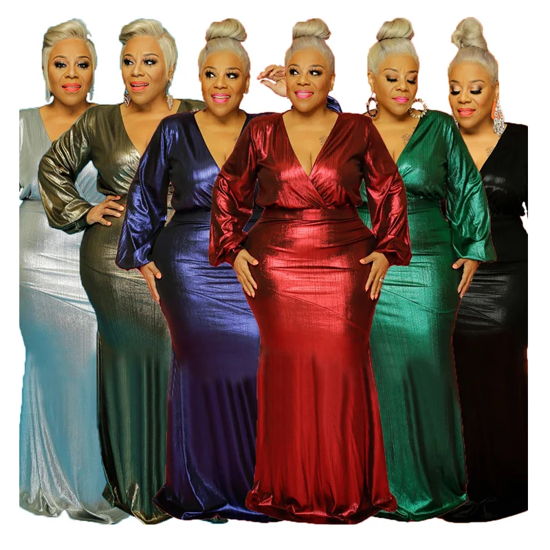 S-5XL Big Size Gilding Plus Size Women Clothing V-neck Plus Size Long-sleeve Dresses Long Dress Party sets for women