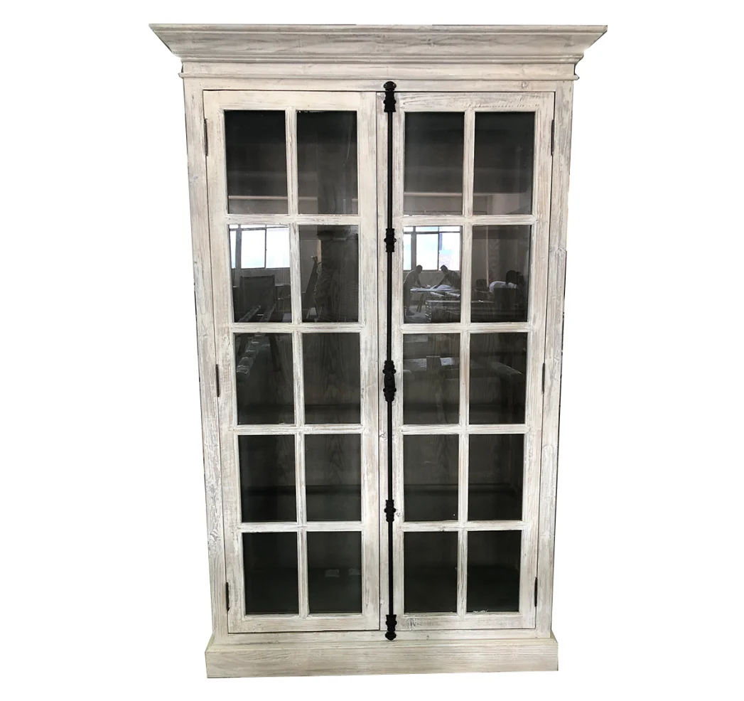 Classic style handmade solid recycle wood storage cabinet provincial bookcase with glass door