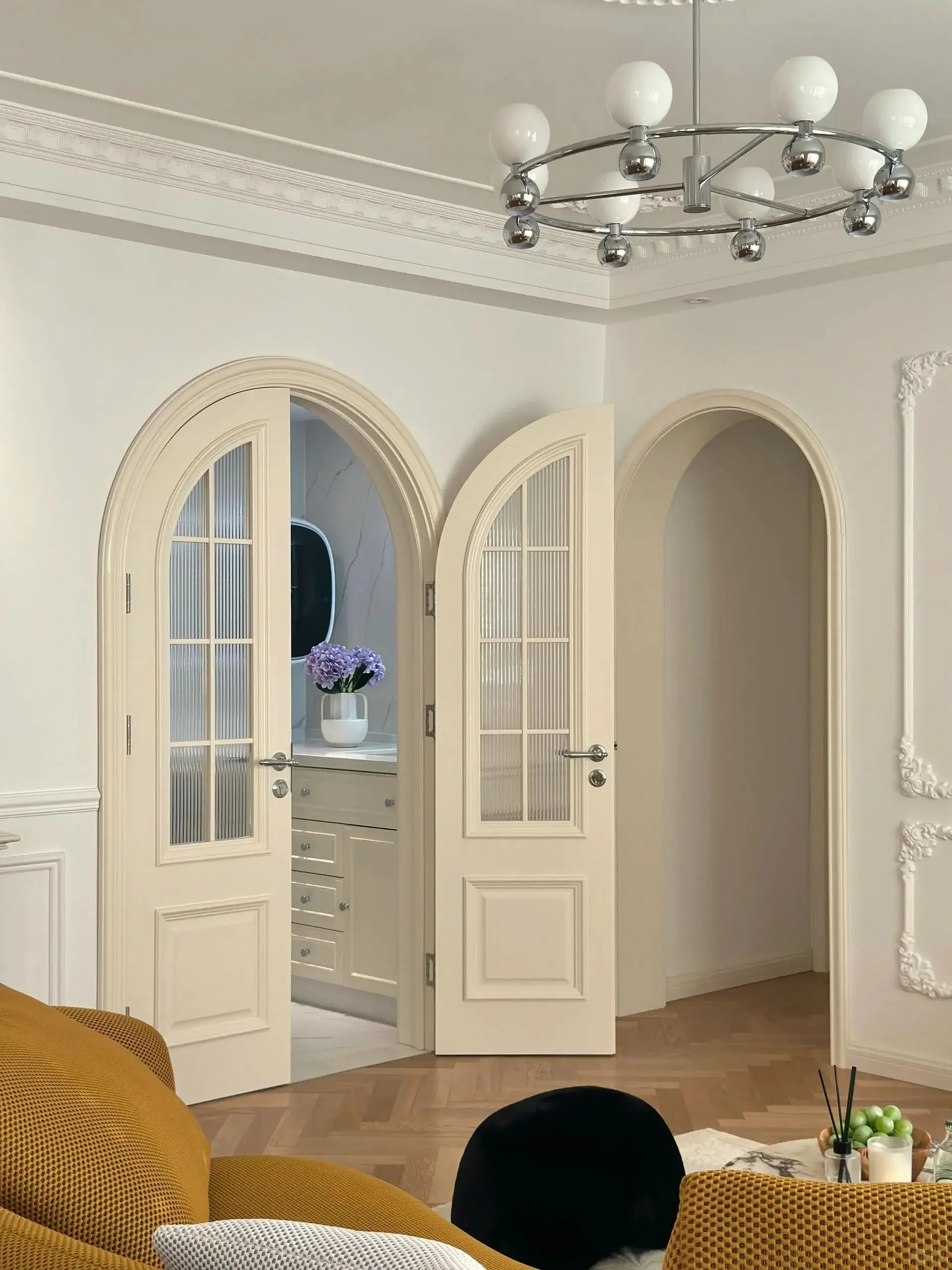 LongTai French Style Arch Solid Wood Casement Two-open Interior Door With Glass Inserted for Living Room Divider