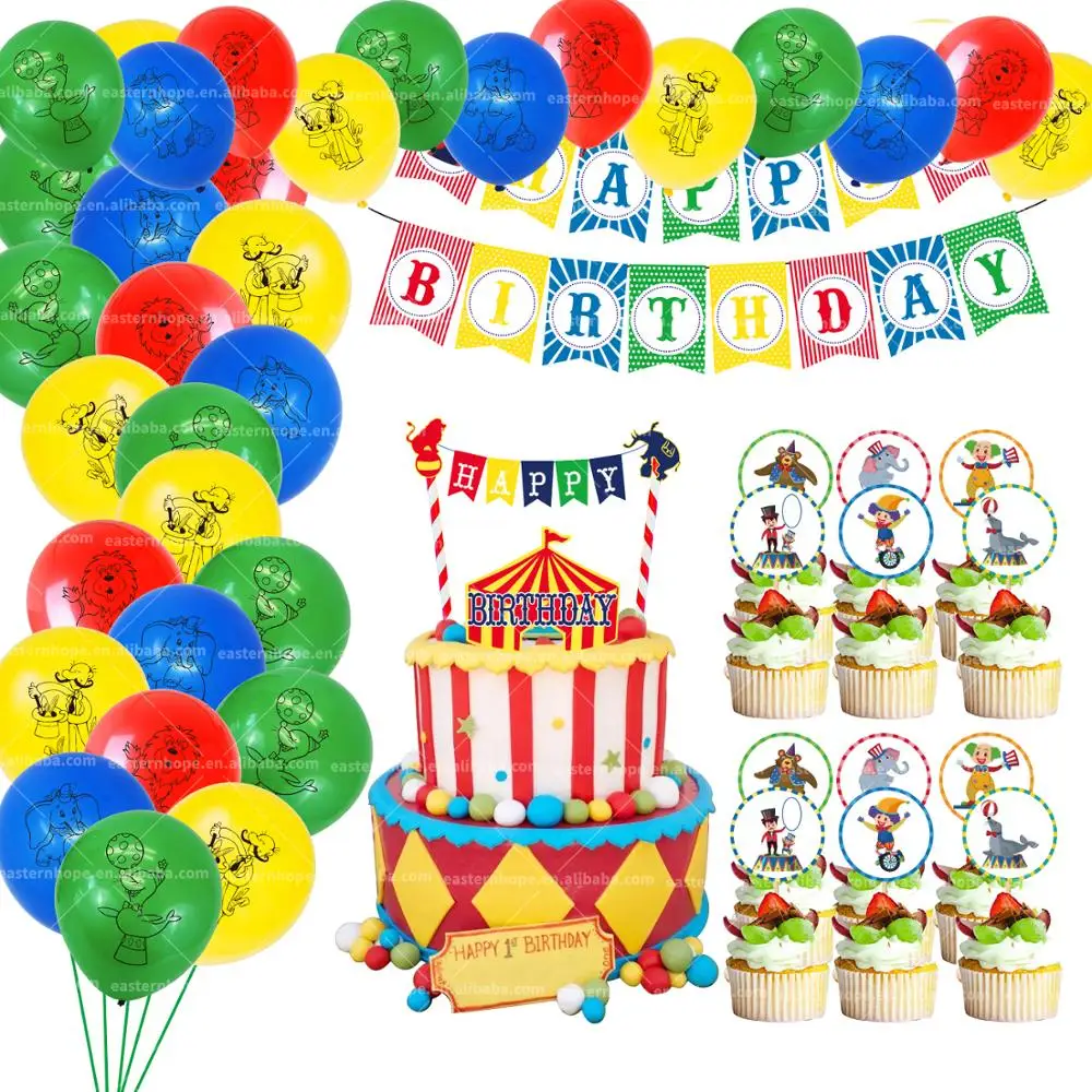 
63pcs Carnival Circus Party Decoration Include Birthday Banner Balloon Cake Topper Circus Birthday Baby Shower Backdrop Supplies 