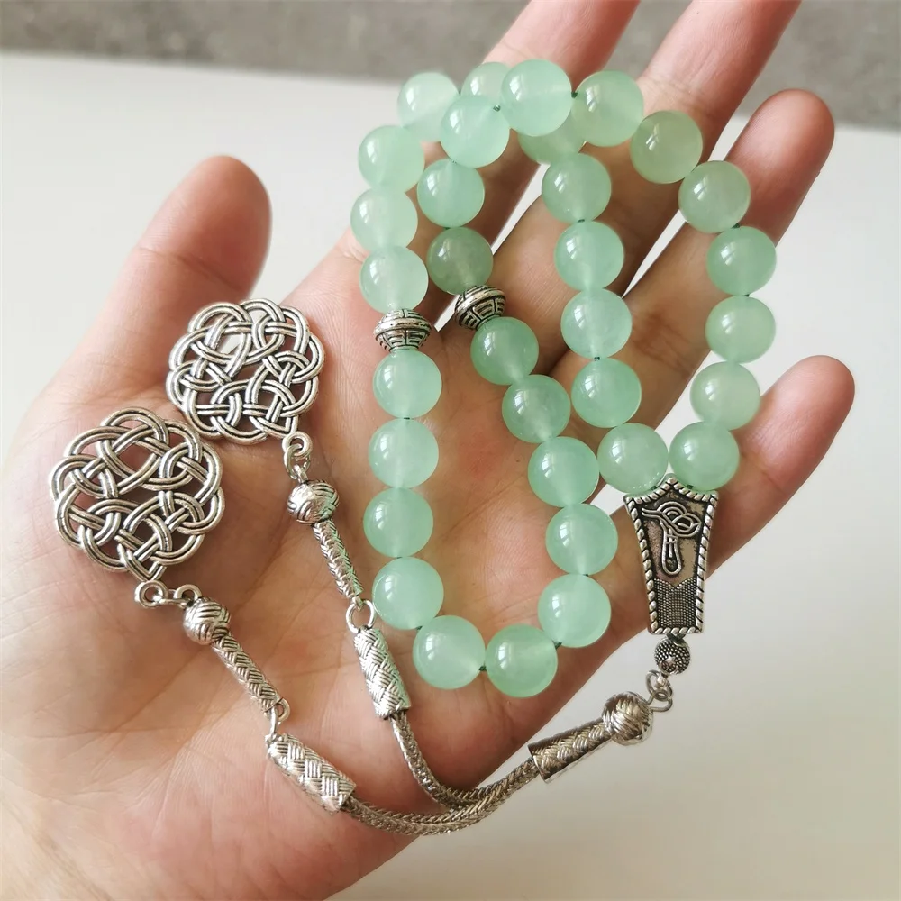 Stone Tasbih silver tassel green jade prayer beads 33 66 99beads muslim Rosary 8mm 10mm round tasbeeh misbaha subha