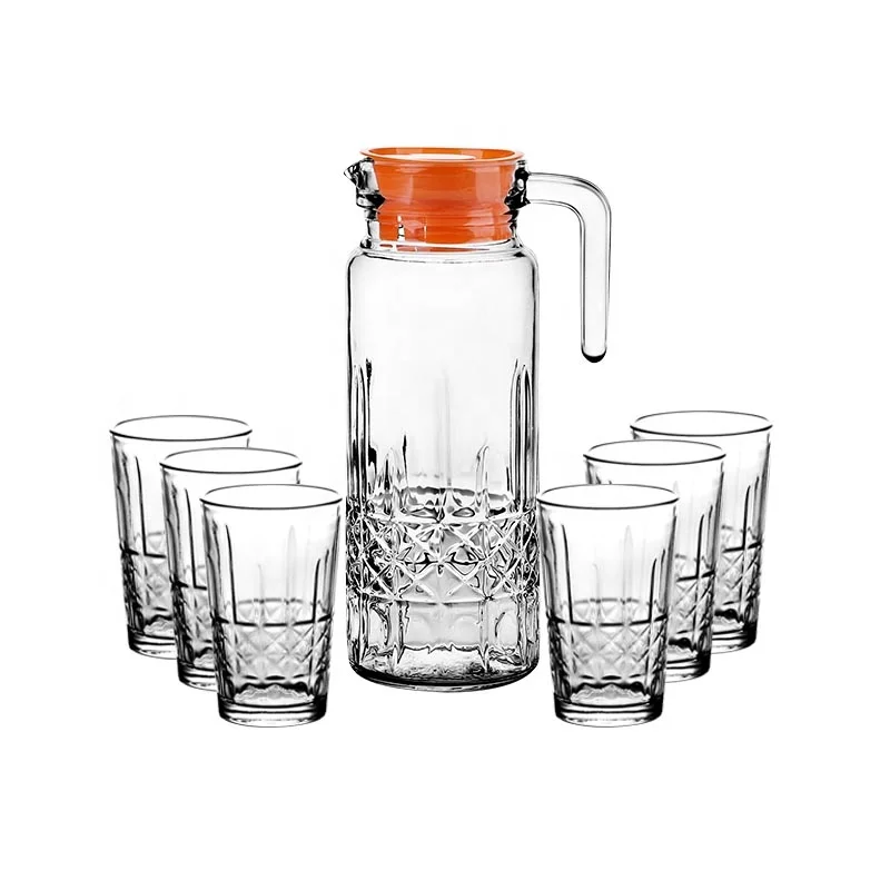 Glass water jug carafe and cups set with golden rim cups set shrinking sets juice cold drinks jar stock home drinking ware