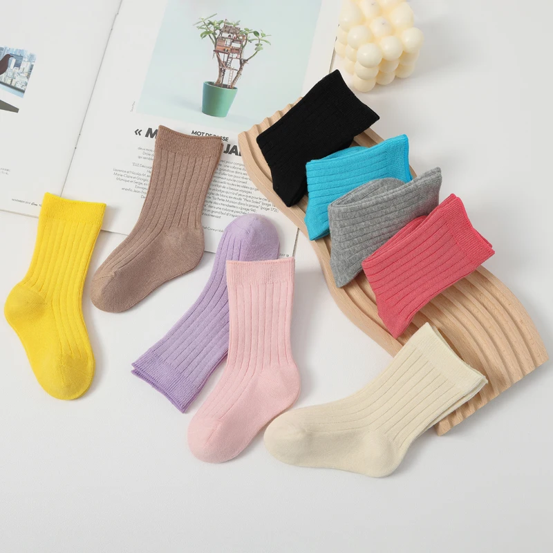 Factory Direct Sale Fashion Cotton Knitted Pure Color Baby Socks For Children