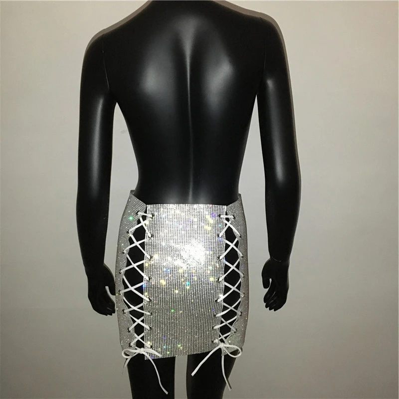 SH1028 Luxury Glitter Metal Crystal Diamonds Skirts Women Diamonds Rhinestone Lace Up Sexy Clubwear Nightclub Mini Skirt