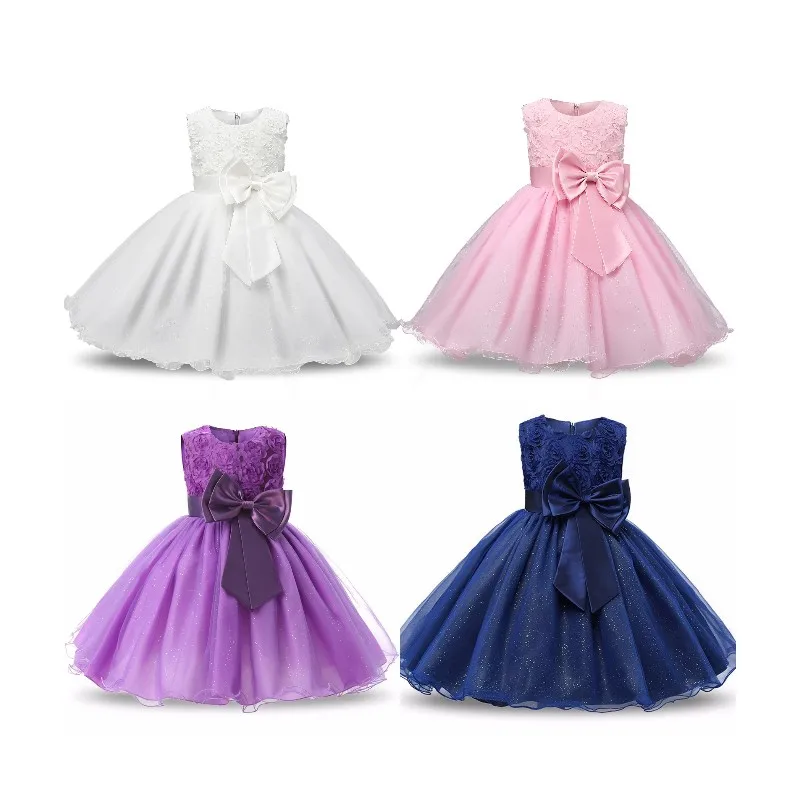 Boutique sleeveless champagne girl christening baptism dress baby with big bow