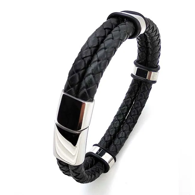 Stainless Steel 3 Rings Genuine Leather Bracelet For Men