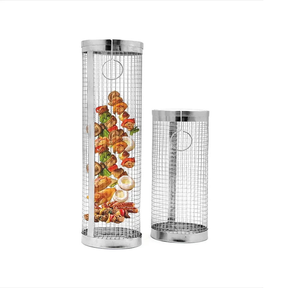 Round Stainless Steel Metal Net Tube Bbq Barbecue Basket Cylinder Rolling Grilling Basket