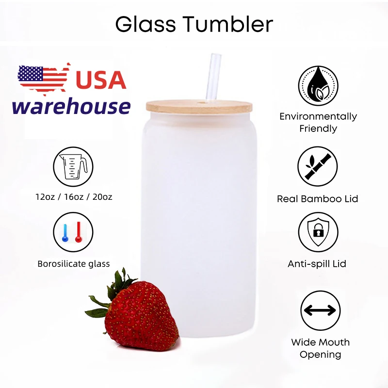 US warehouse12oz 16oz 20oz 25oz blank sublimation frosted clear Beer mugs Shaped Glass soda can coke with bamboo lid and straw