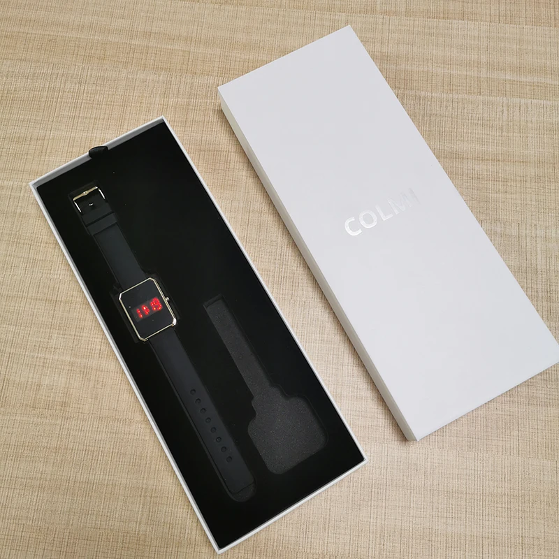 Custom logo single cardboard smart leather band watch box long watch packing box with EVA foam insert