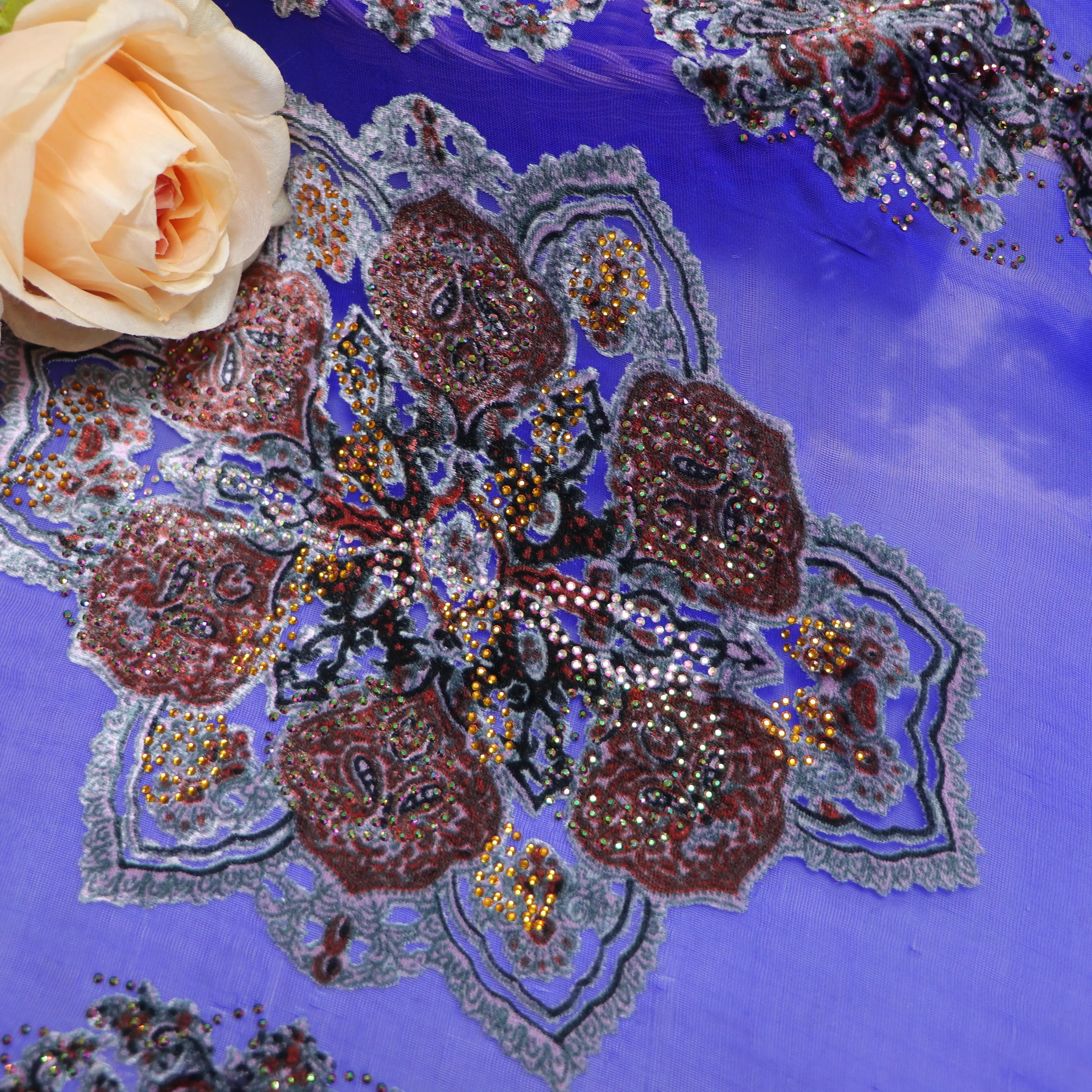 New Design  Silk  Velvet with stones  Patch embroidery lace fabric for Luxury Lady Evening Clothes