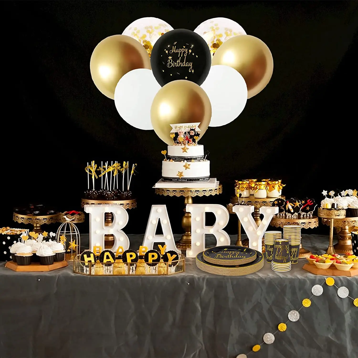 Black Paper Plate Cups Napkins Happy Birthday Plates Decoration Disposable Tableware Set Party Supplies